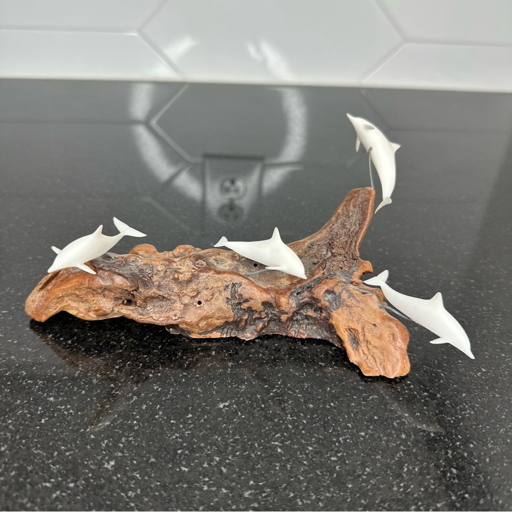 John Perry 4 White Dolphins On Burl Wood Sculpture